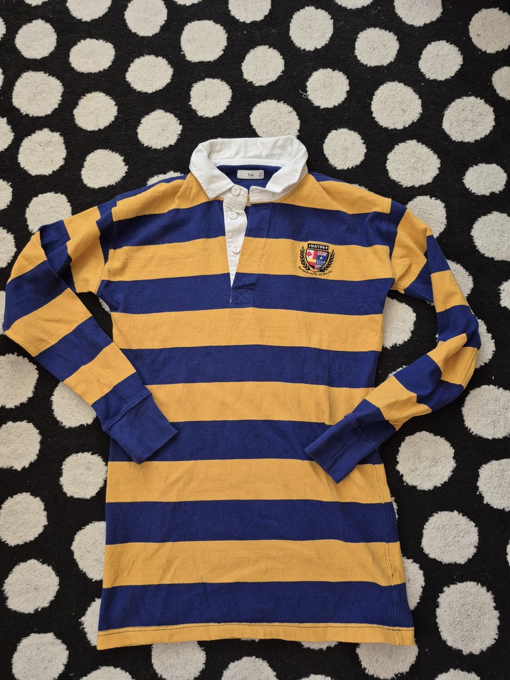 TNA Long-Sleeve Rugby Shirt in Blue and Yellow with Crest Xs